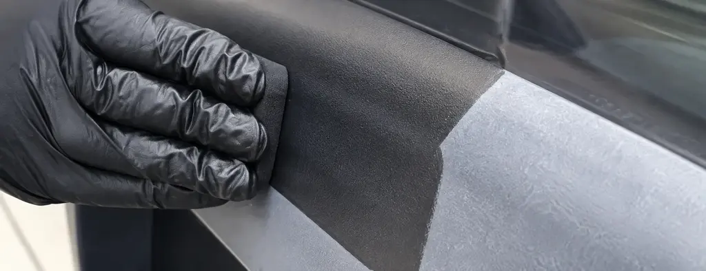 Restoration product applied to faded exterior vehicle trim