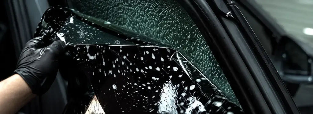 Wet window film being installed on an automobile window