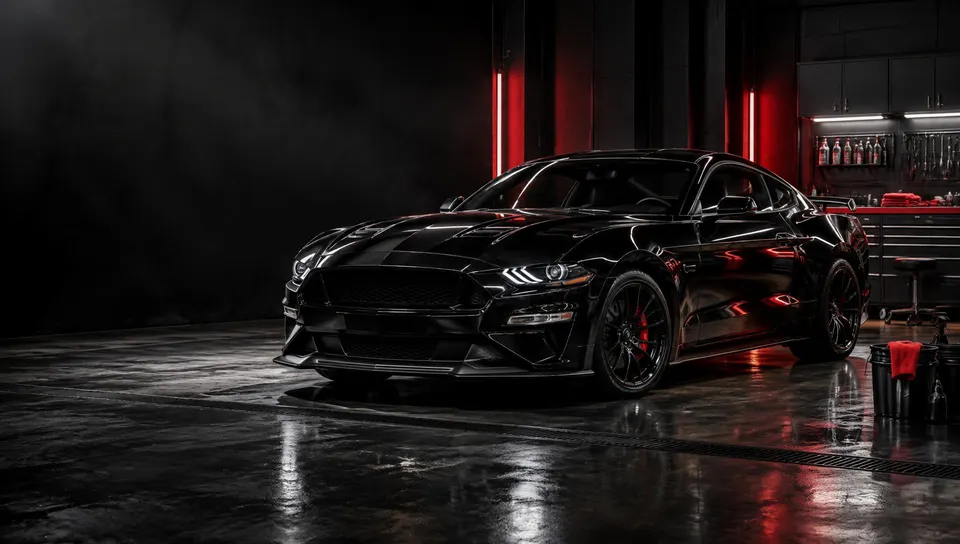 Black performance car inside a professional detailing studio
